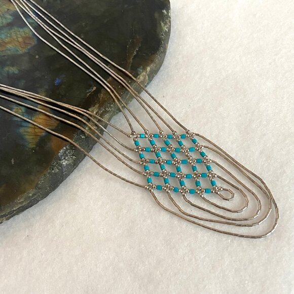VTG Liquid Sterling Silver 925 Southwest Woven Beaded Heishi Turquoise Necklace - Picture 8 of 16